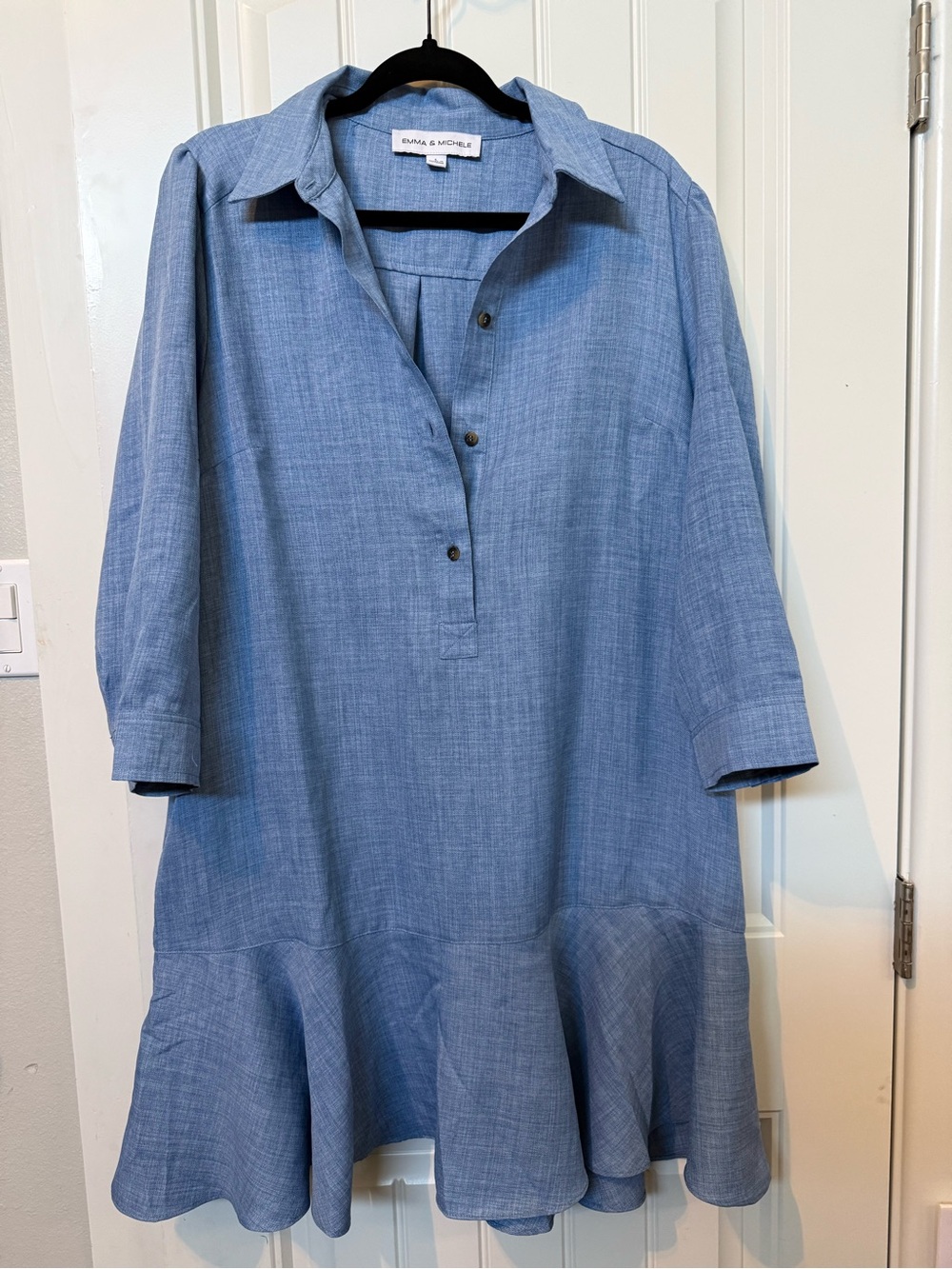 Emma & Michele Light Blue 3/4 Sleeve Collar Neck Solid A-Line Dress Size L